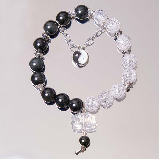 Pulsera de protección de loto Yin Yang con piedras de Buda, obsidiana plateada con brillo, cuarzo transparente y craquelado, cuarzo rutilado negro
