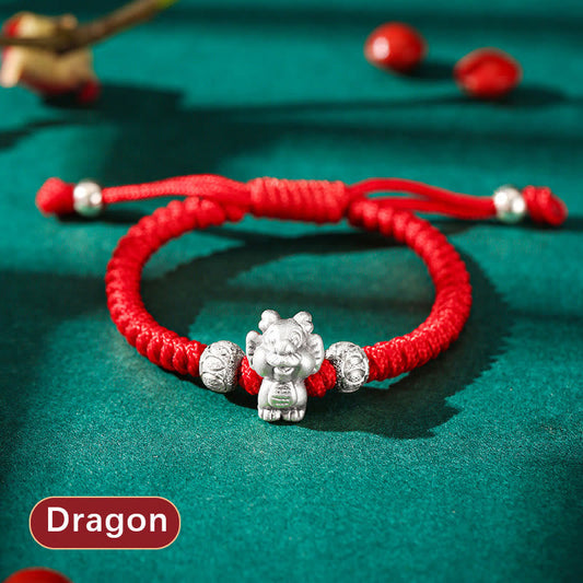 Pulsera para niños hecha a mano con piedras de Buda en plata de ley 999, con el símbolo del zodíaco chino y cuerda roja de la suerte.