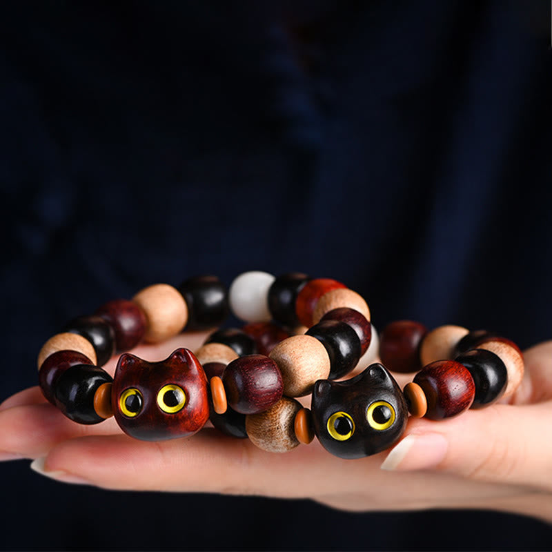 Pulsera de protección con piedras de Buda, hoja pequeña, sándalo rojo, madera de ébano y gato grabado