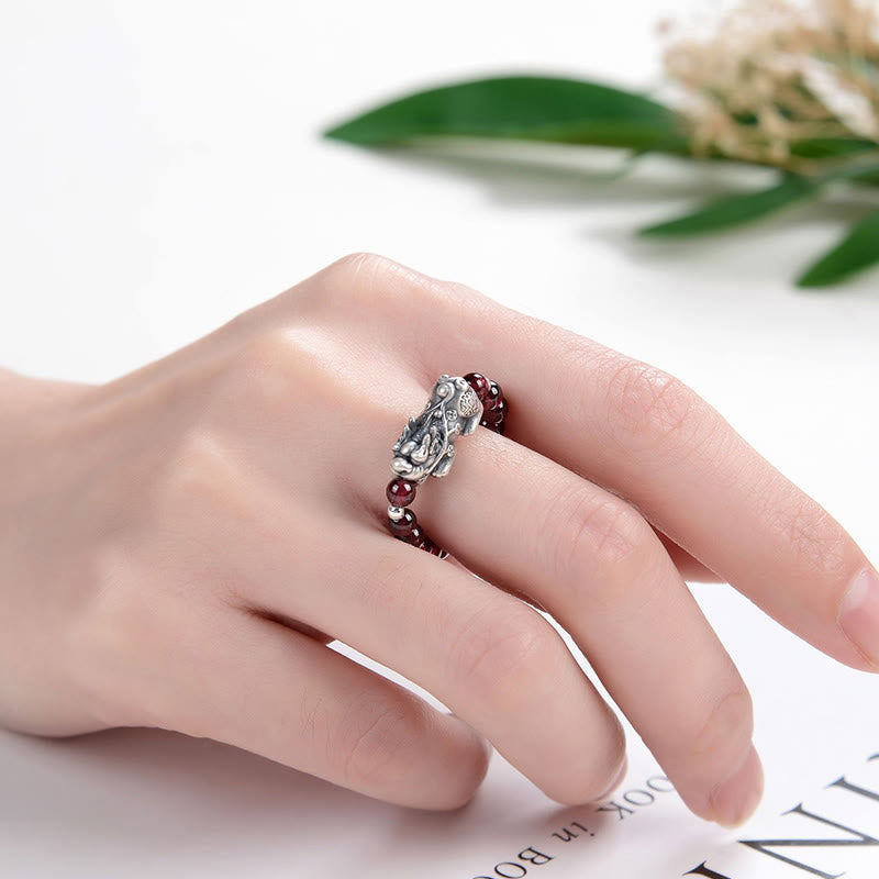 Anillo de la riqueza PiXiu con piedras de Buda en plata de ley 925, granate natural, piedra lunar, ágata roja