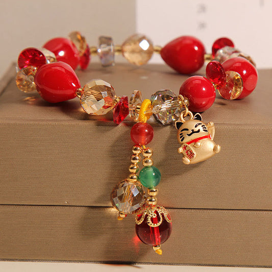 Pulsera de la fortuna con el personaje Fu de Buda, piedra roja, gato de la suerte, conejo