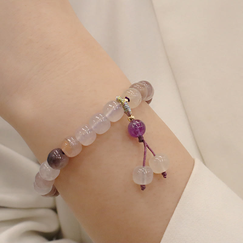 Pulsera de cuentas de Buda con cuentas de jade, seda dorada y morada natural, con flor violeta y dije de riqueza
