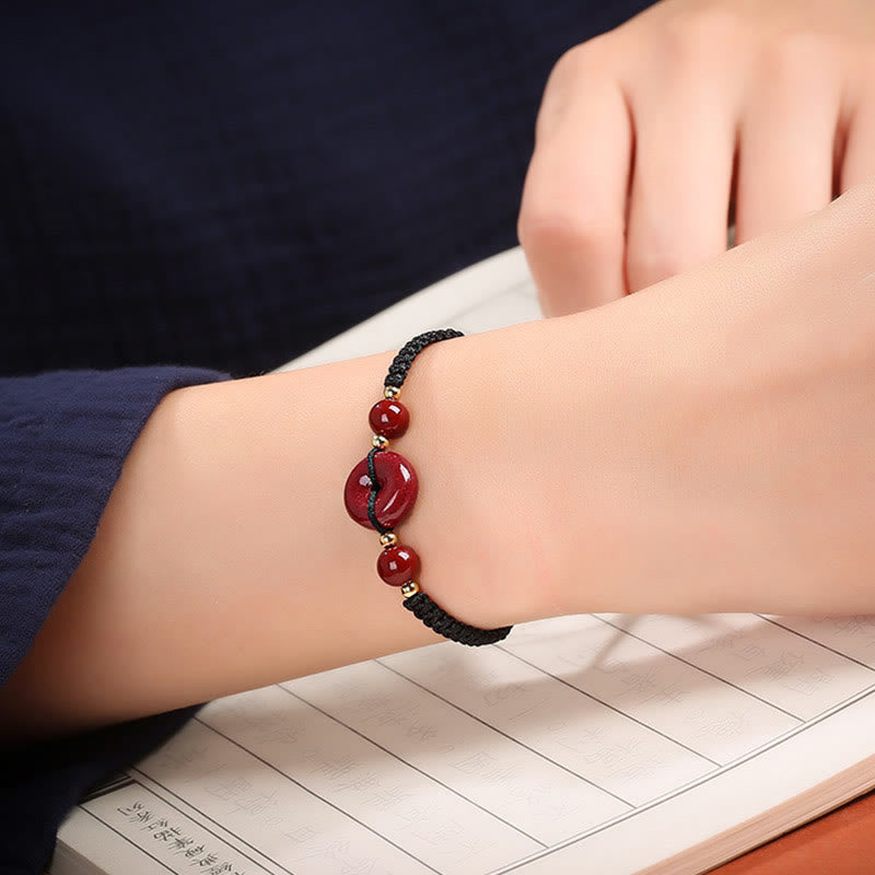 Buddha Stones Natürliches Zinnober-Armband mit Friedensschnalle und Segensschnur