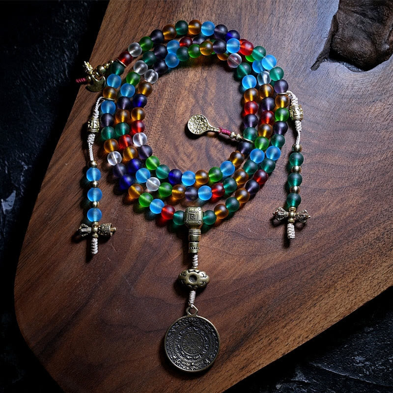 Pulsera tibetana con 108 cuentas de mala de Buda, cuentas de vidrio Liuli multicolores, zodíaco chino, nueve palacios, ocho diagramas