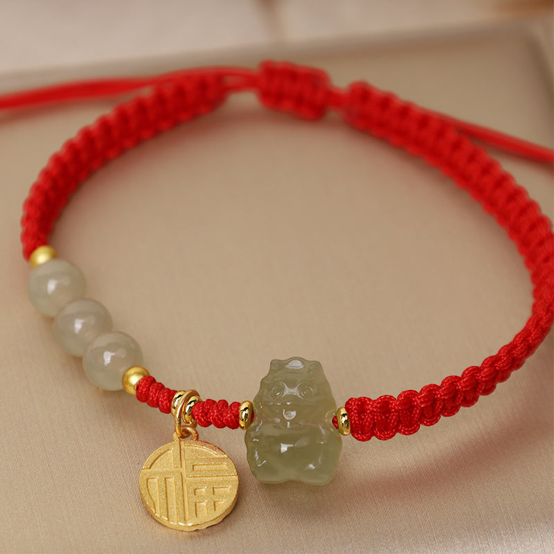 Buddha Stones Year of the Dragon 925 Sterling Silver Hetian Jade Fu Character Luck Bracelet