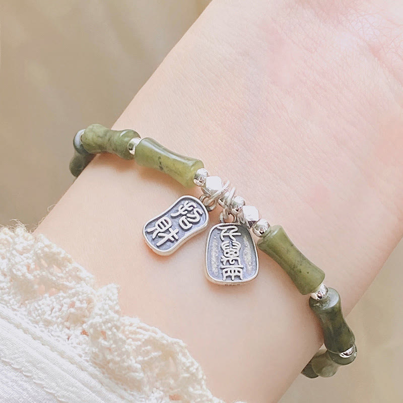 Pulsera de plata de ley 925 con piedras de Buda, jade de bambú y gato de la suerte con el símbolo Fu.