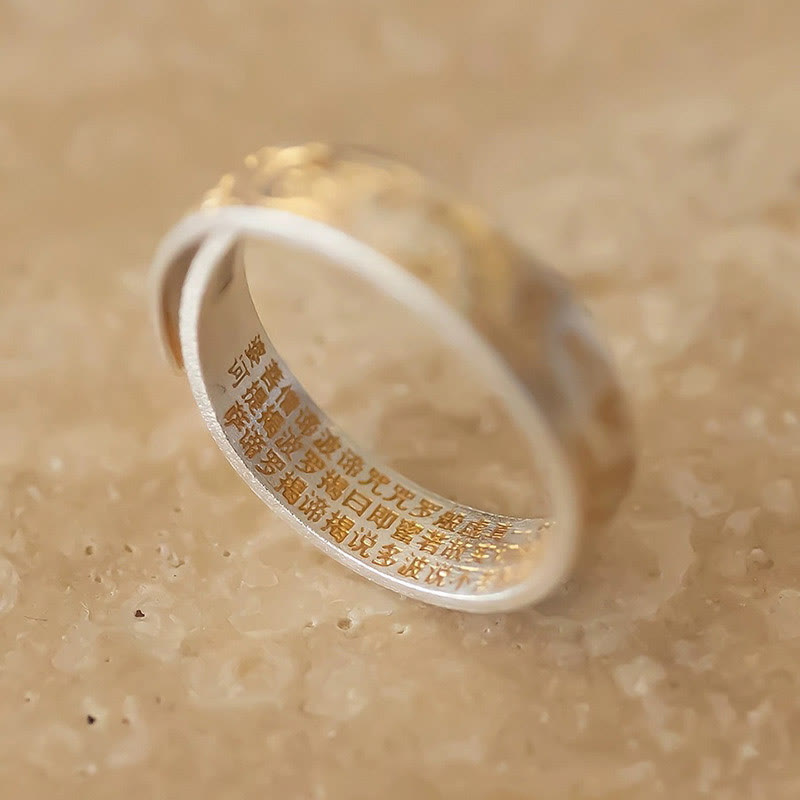 Buddha-Stein 999 Sterling Silber Gold-bemalter fröhlicher Blumenmuster friedlicher Herz-Sutra-Ring