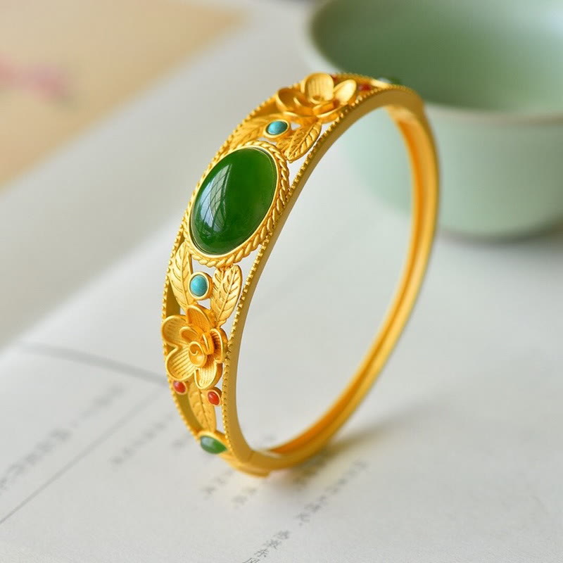 Buddha Stones Cyan Jade Weiß Jade Blume Blatt Harmonie Glück Armband Armreif
