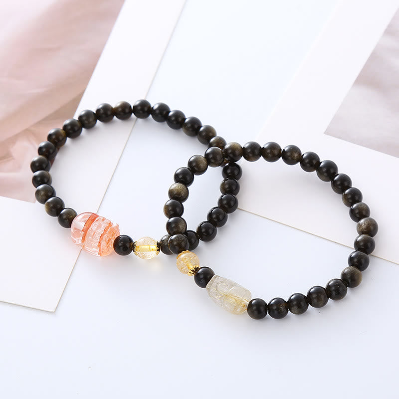 Pulsera PiXiu de obsidiana con brillo dorado natural y piedras de Buda para protección de la riqueza