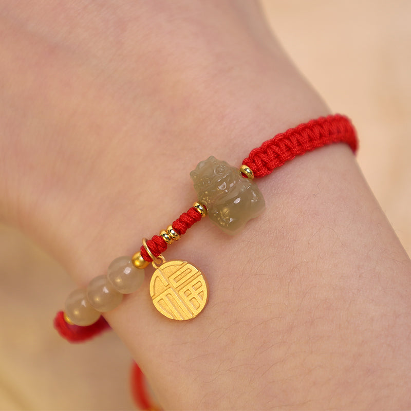 Buddha Stones Year of the Dragon 925 Sterling Silver Hetian Jade Fu Character Luck Bracelet