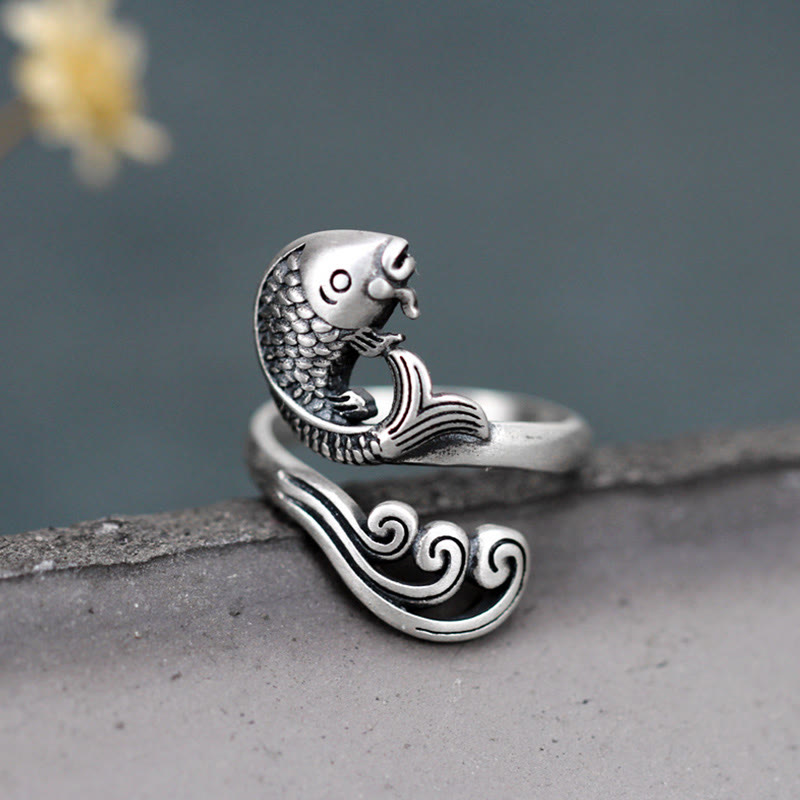 Anillo de plata de ley 925 con piedras de Buda y pez koi, con ondas de agua, para la suerte y la riqueza.