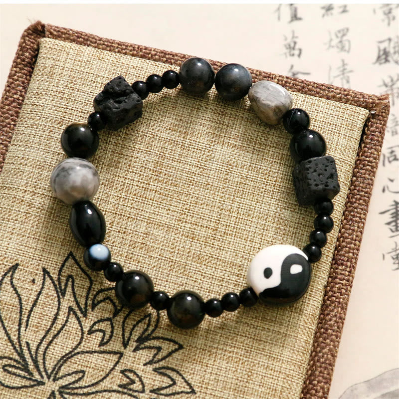 Pulsera de protección de la fortuna Yin Yang con cuentas de jaspe Picasso de ónix negro y piedras de Buda