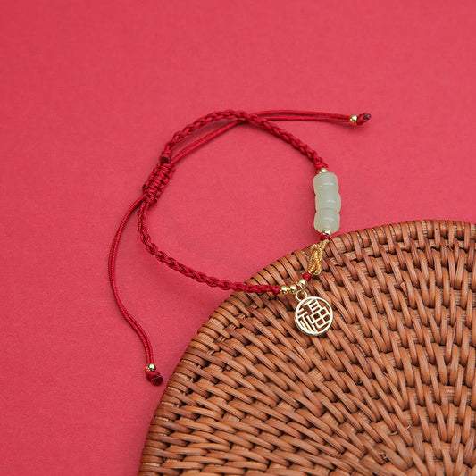 Pulsera de cuerda roja con abalorios de jade de Buda hechos a mano con carácter Fu y amuleto de la suerte