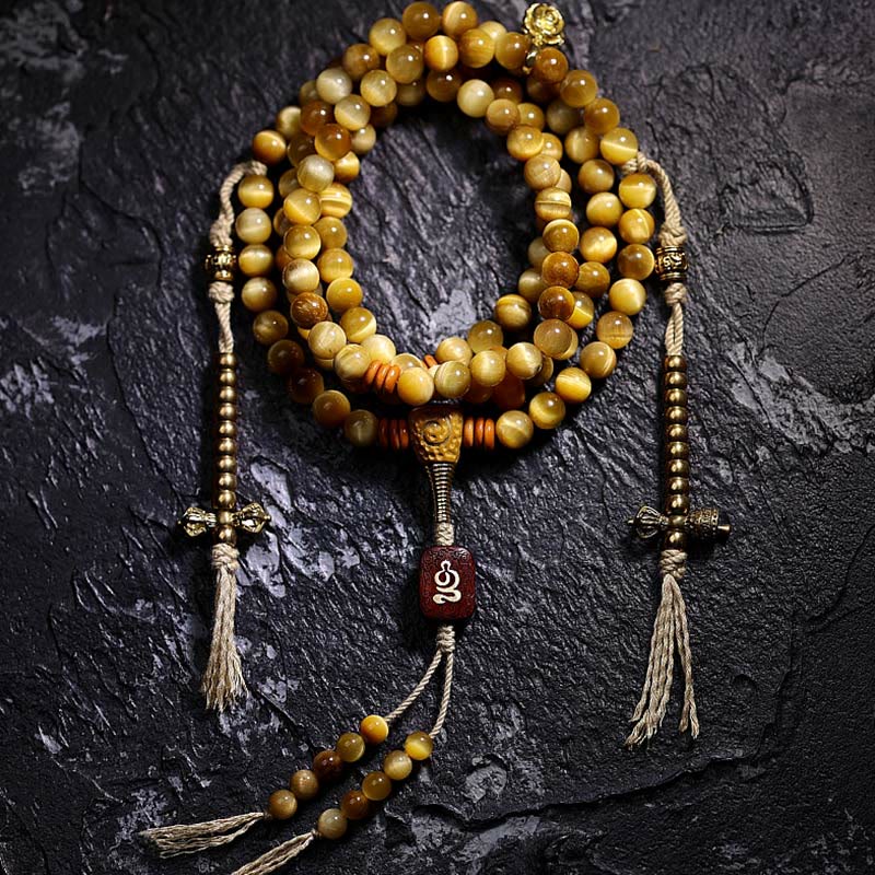 Buddha Stones 108 Mala-Perlen, natürliches Tigerauge, Kupfer, Dorje-Schutz, Quastenarmband
