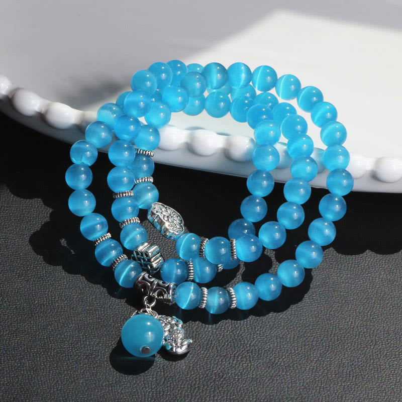 Pulsera triple vuelta con soporte PiXiu de ojo de gato y piedras de Buda