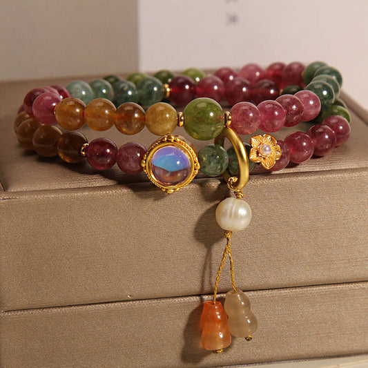 Pulsera con dije de calabaza de doble vuelta con turmalina multicolor y piedras de Buda