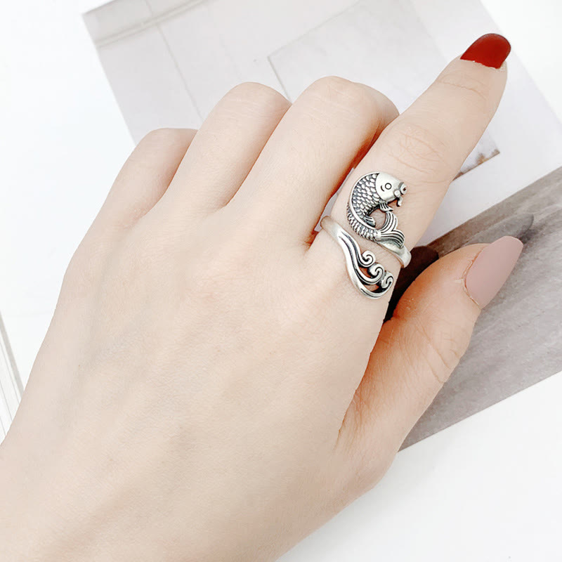 Anillo de plata de ley 925 con piedras de Buda y pez koi, con ondas de agua, para la suerte y la riqueza.