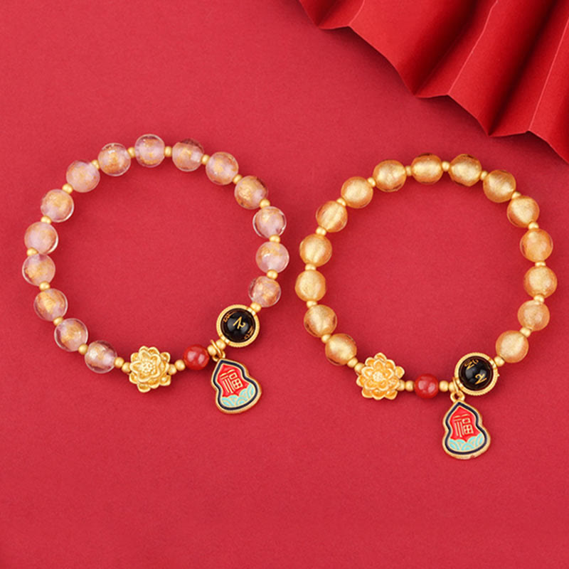 Pulsera de la suerte con cuentas de vidrio de loto y liuli con abalorios de calabaza del Tíbet con el símbolo Om Mani Padme Hum Fu de Buda