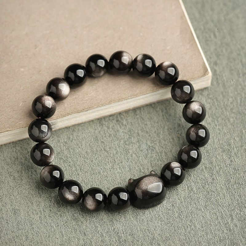 Pulsera de protección con piedras de Buda, obsidiana dorada y obsidiana plateada con brillo, con forma de pata de gato de la suerte.