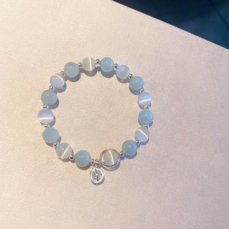 Pulsera con dije de ojo de gato y aguamarina de plata de ley 925 con piedras de Buda