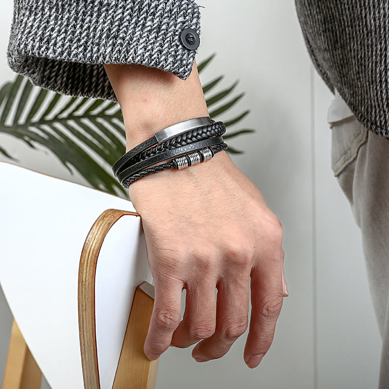 Pulsera trenzada multicapa de cuero y acero de titanio con hebilla magnética y piedras de Buda