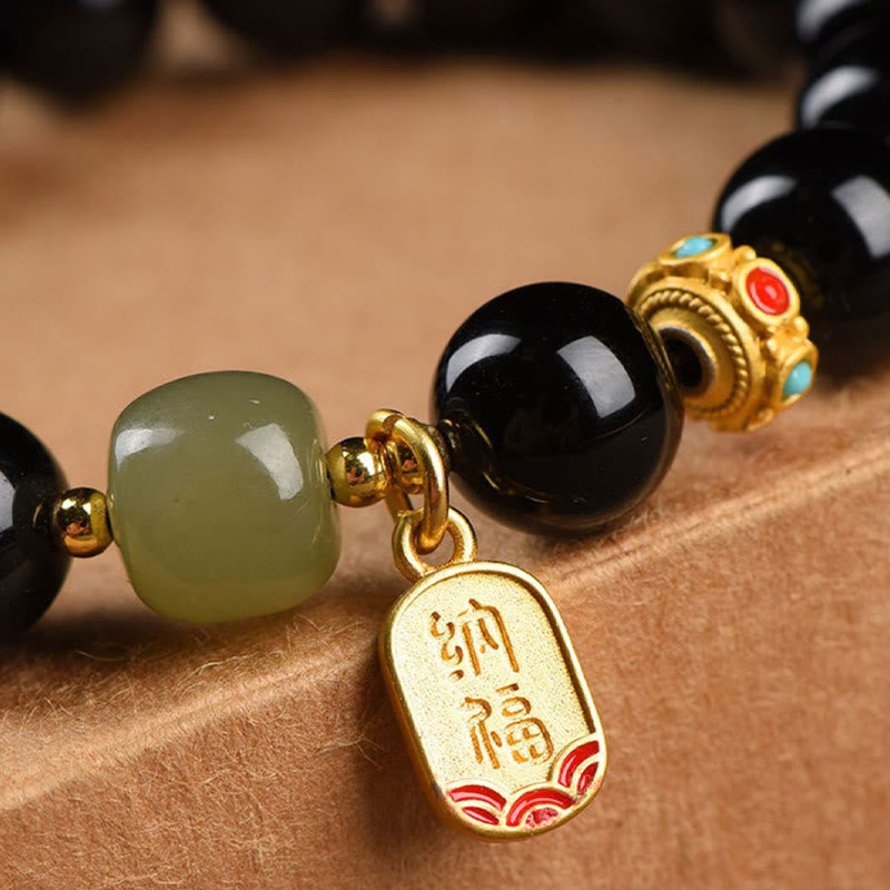 Pulsera de amuleto de la suerte con cuentas de jade hetiano de ónix negro y piedras de Buda