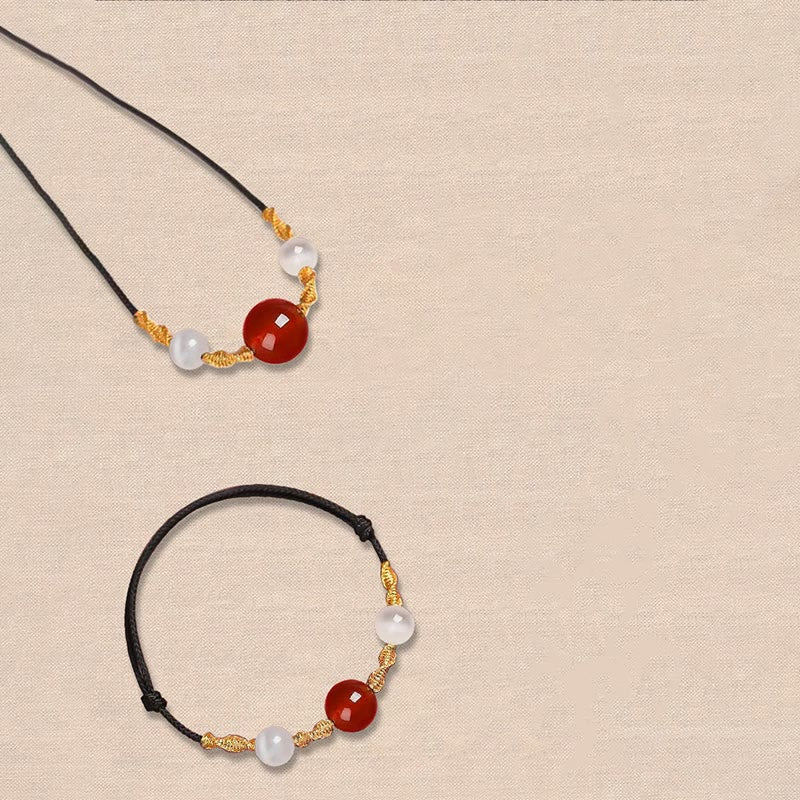 Buddha Stones Natürlicher roter Achat Katzenauge Ruhiges geflochtenes Armband mit Halskette und Anhänger