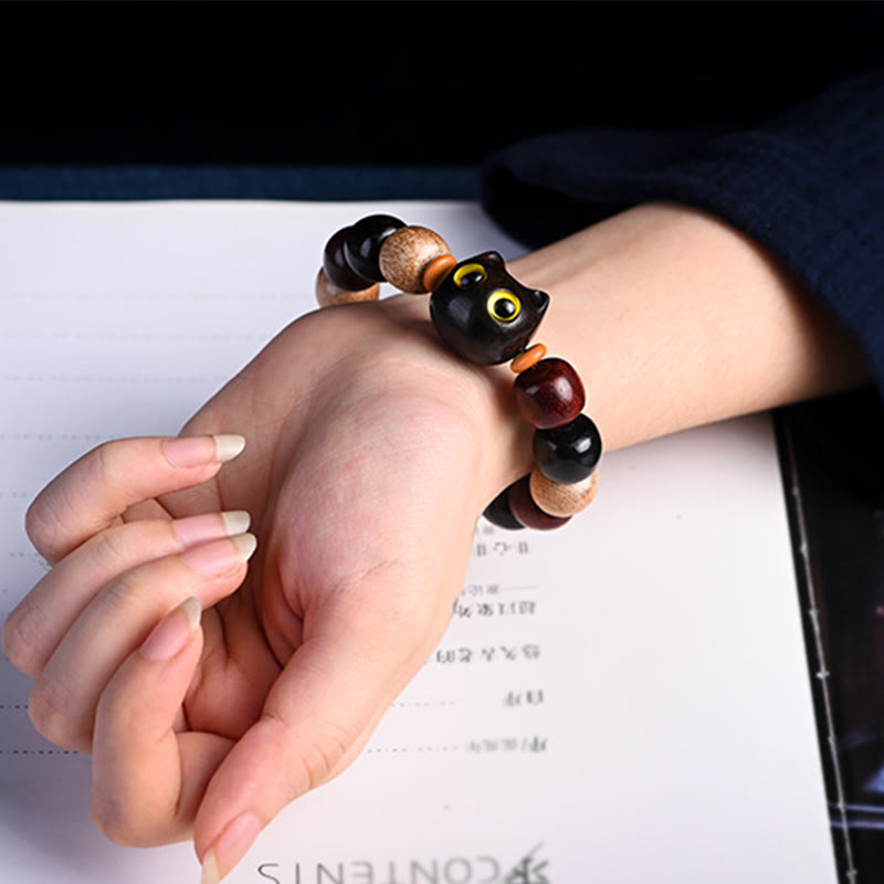 Pulsera de protección con piedras de Buda, hoja pequeña, sándalo rojo, madera de ébano y gato grabado