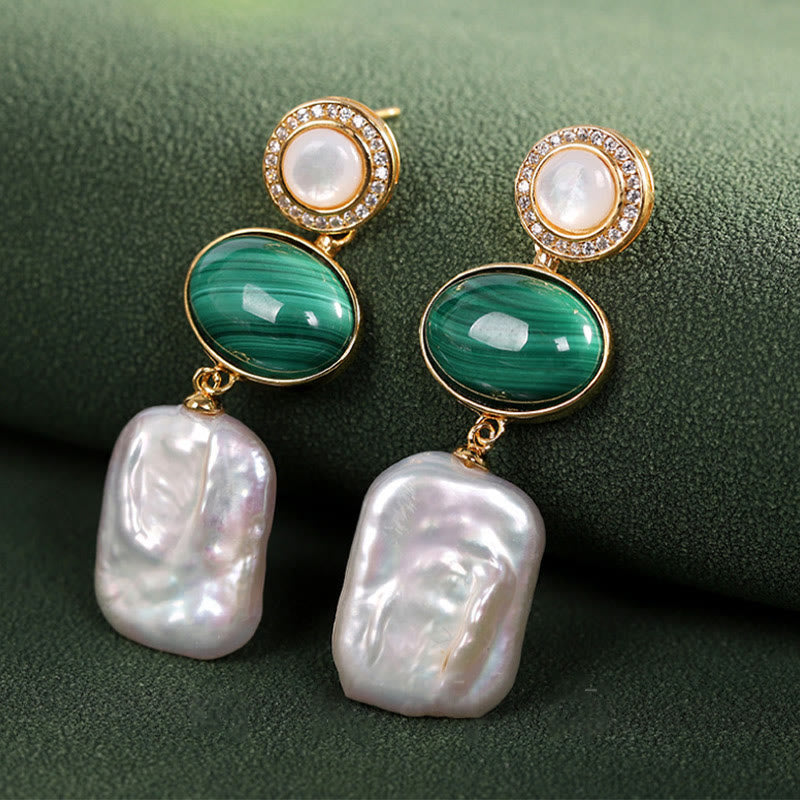 Buddha Stones 925 Sterling Silber Natürliche Barockperle Malachit Heilung Weisheit Tropfen Ohrringe