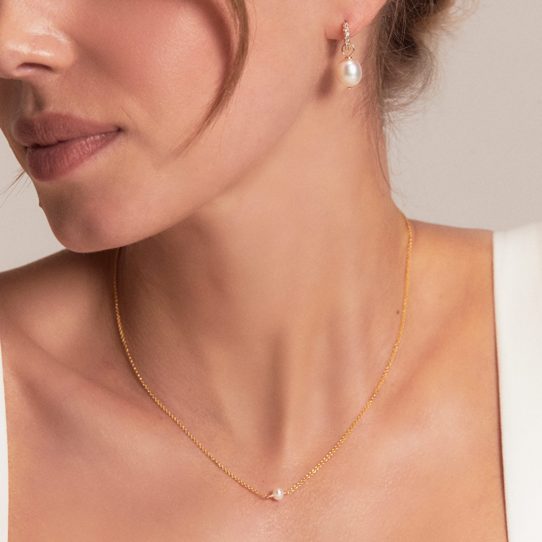 Gold Pearl Drop Huggies and Single Pearl Choker Gift Set
