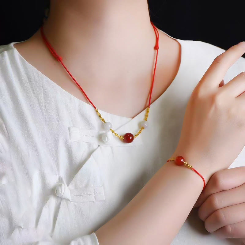 Buddha Stones Natürlicher roter Achat Katzenauge Ruhiges geflochtenes Armband mit Halskette und Anhänger