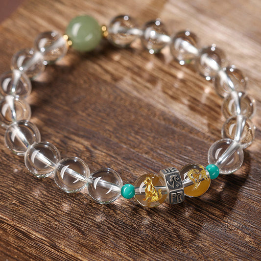 Pulsera curativa de jade hetiano de cristal blanco con piedras de Buda, en plata de ley 925, con el zodíaco chino y Buda natal, grupos auspiciosos.