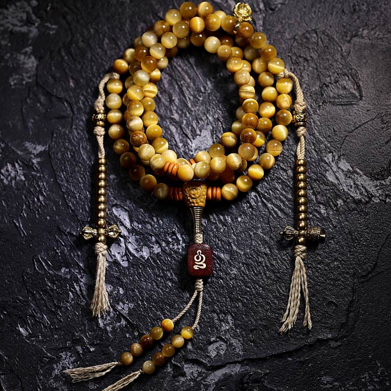 Buddha Stones 108 Mala-Perlen, natürliches Tigerauge, Kupfer, Dorje-Schutz, Quastenarmband