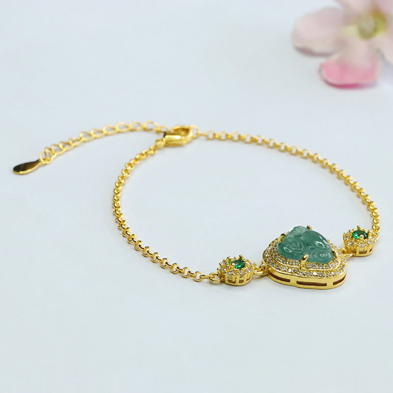 Pulsera de cadena de la suerte con circón y jade verde de Buda sonriente con piedras de Buda