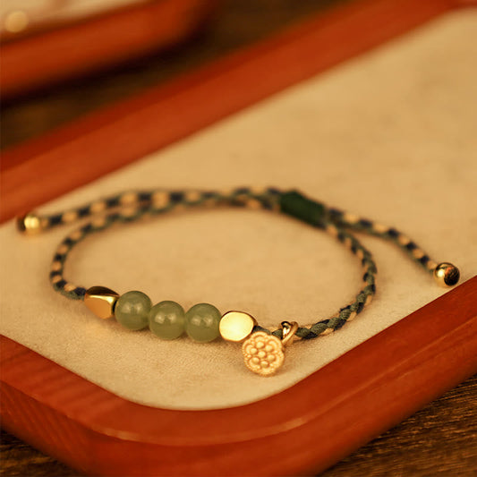 Pulsera trenzada con amuleto de loto de jade hetiano, hecha a mano con piedras de Buda, para la suerte