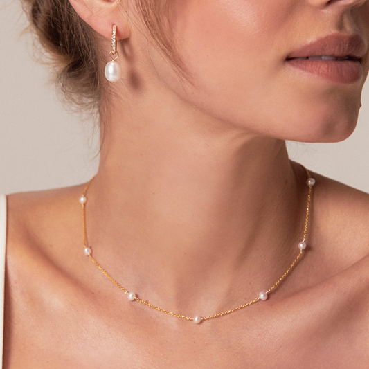 Gold Diamond Style Large Pearl Hoops and Ten Pearl Choker Gift Set