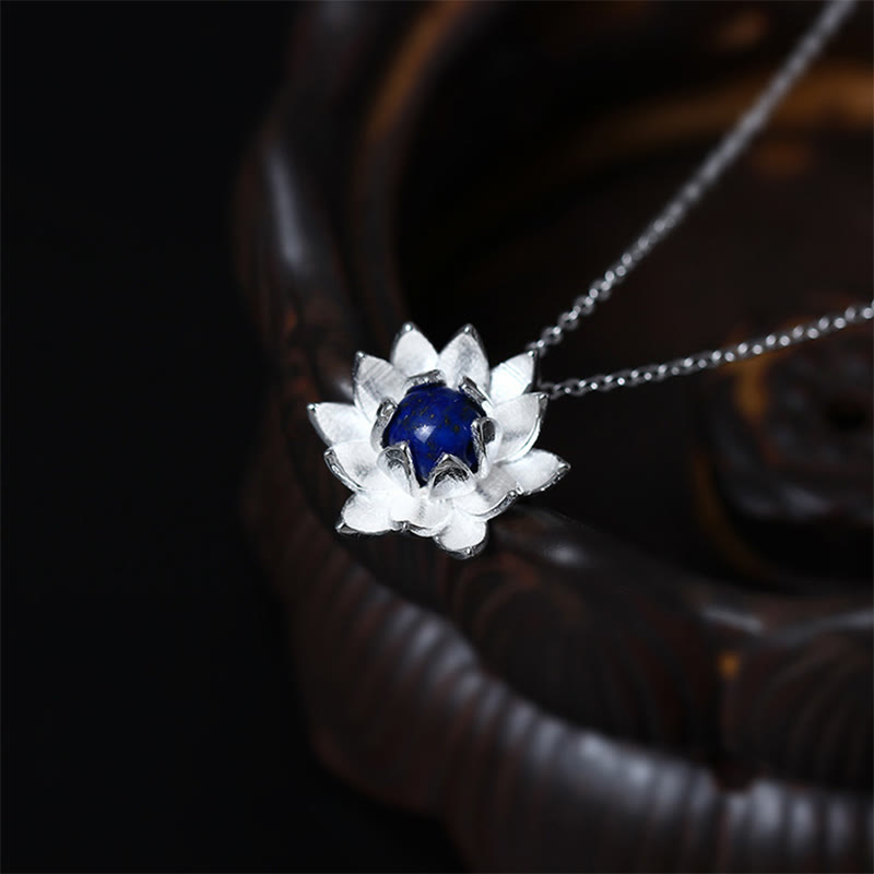 Collar con colgante de flor de loto y lazurita de plata de ley 925 con piedras de Buda para el autocuidado