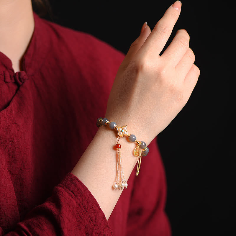 Pulsera de equilibrio con borlas de perla y ágata gris natural de Buda