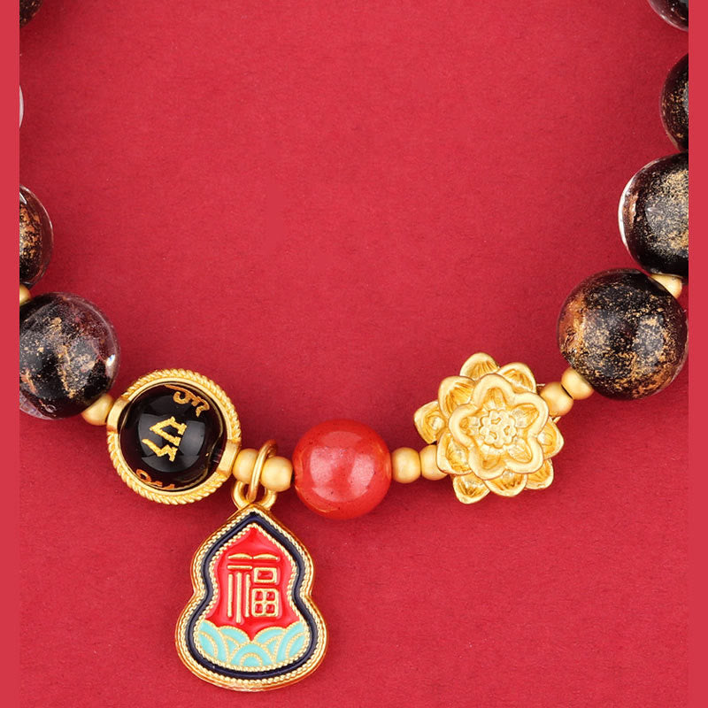 Pulsera de la suerte con cuentas de vidrio de loto y liuli con abalorios de calabaza del Tíbet con el símbolo Om Mani Padme Hum Fu de Buda