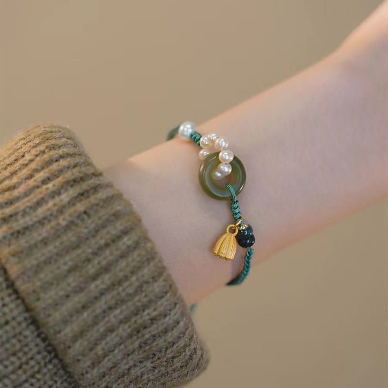 Buddha Stones Natürliche Hetian Jade Peace Buckle Pearl Luck Handgefertigtes geflochtenes Armband
