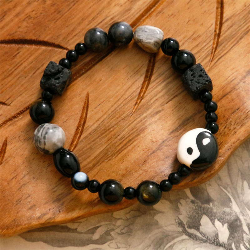 Pulsera de protección de la fortuna Yin Yang con cuentas de jaspe Picasso de ónix negro y piedras de Buda
