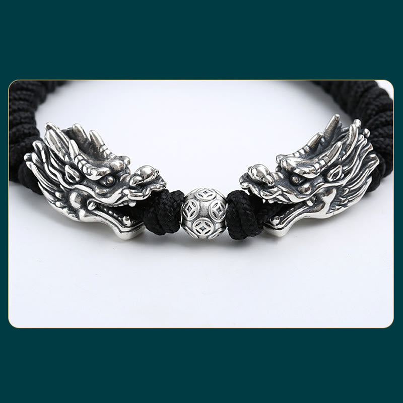Buddha Stones 999 Sterling Silber Doppeldrache Glück Handgefertigtes geflochtenes Armband