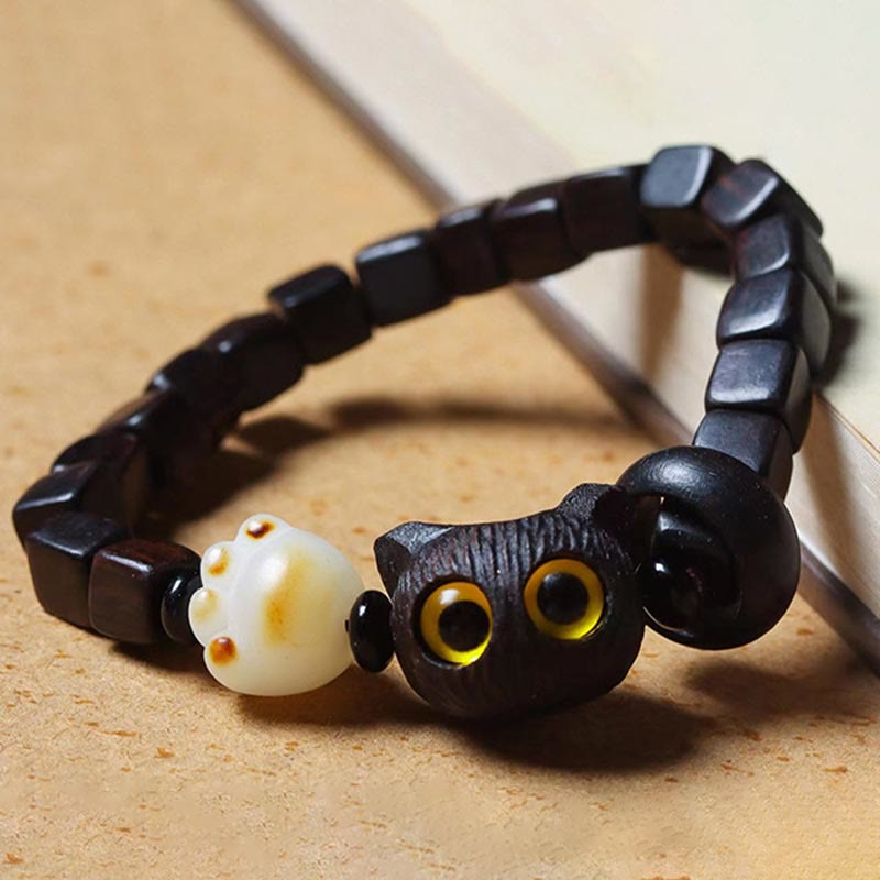 Pulsera de cuentas cuadradas con garra de pata y semillas de bodhi de gato, de madera de ébano y piedras de Buda