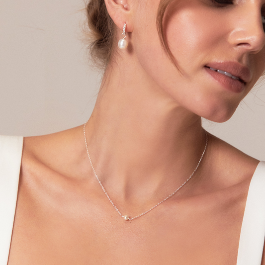 Silver Pearl Drop Huggies and Single Pearl Choker Gift Set