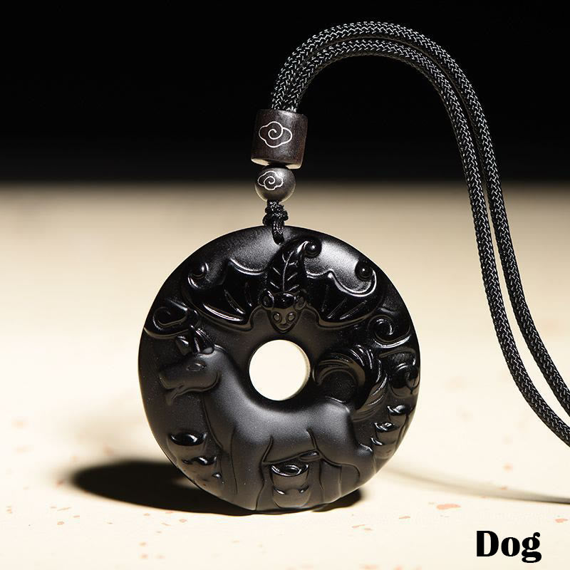 Collar con colgante de obsidiana negra natural con piedras de Buda y hebilla de fuerza del zodiaco chino