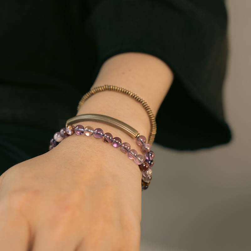 Pulsera de cobre con piedras de Buda, cuarzo hematoide rojo fantasma morado y cuarzo rutilado verde, amor y perdón