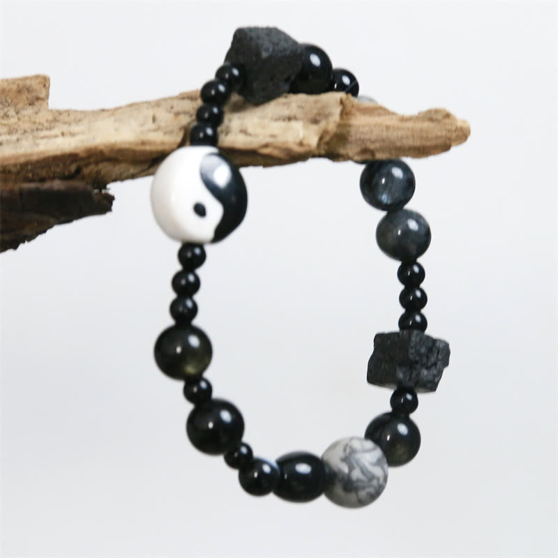Pulsera de protección de la fortuna Yin Yang con cuentas de jaspe Picasso de ónix negro y piedras de Buda