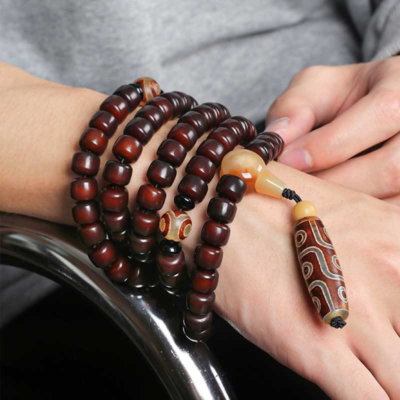 Pulsera de jade de la suerte con 108 cuentas Mala, cuentas Dzi de tres ojos y cuentas Dzi de nueve ojos.