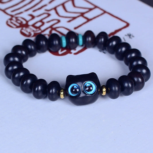 Pulsera de equilibrio de paz con piedras de Buda, madera de ébano y cristal de Liuli, con un gato encantador
