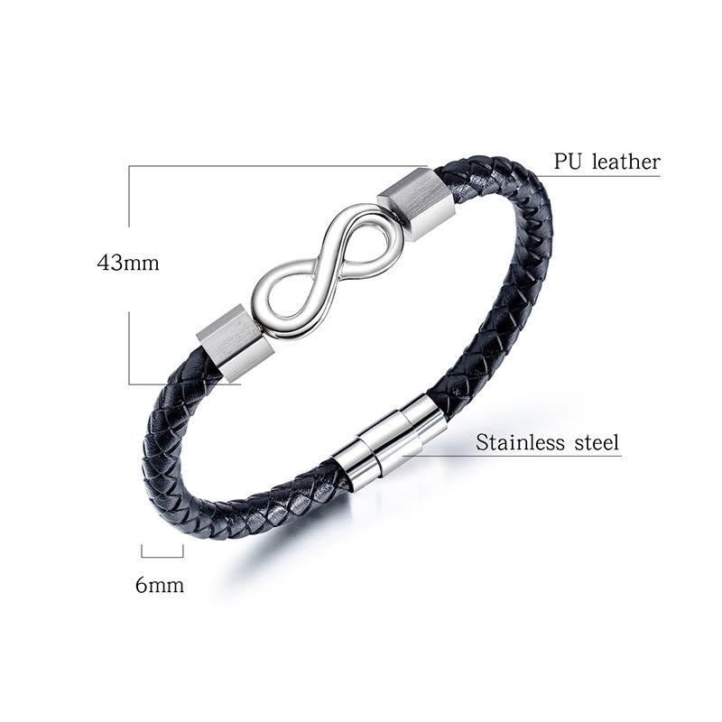 Pulsera de equilibrio con nudo infinito de piedras de Buda, acero de titanio y cuero trenzado.